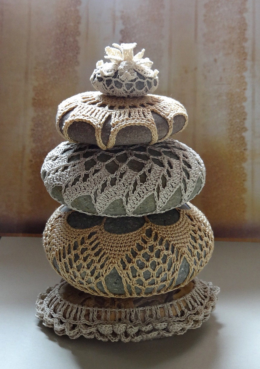 Folk Art, Original, Handmade, Crochet Lace Stone, Table Decoration, Wedding, Collectible, Beige Thread