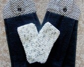 2 - Hanging Cloth Top Kitchen Hand Towels - Black Chevron Print - Black Towels, and 2 Cotton Dish Cloths