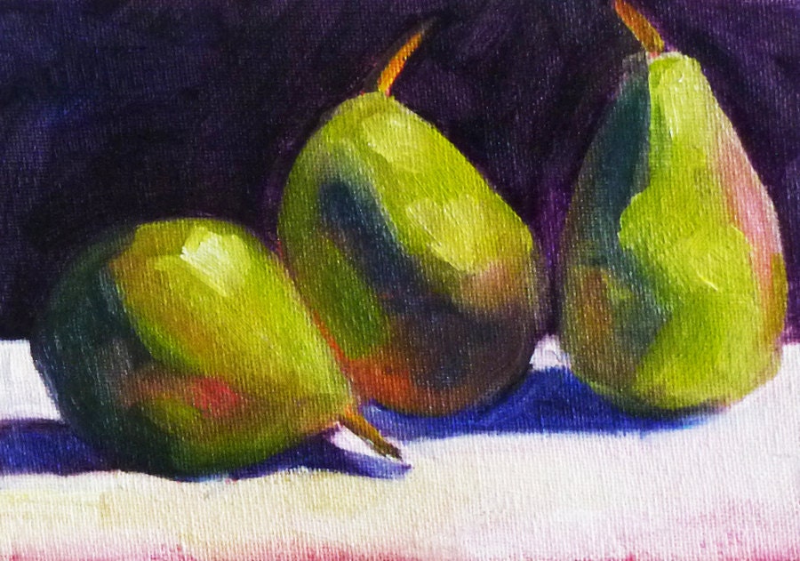Still Life Oil Painting, Original Fruit Art, Pears on Canvas, Small 5x7, Kitchen Art, Kitchen Decor, Wall Decor