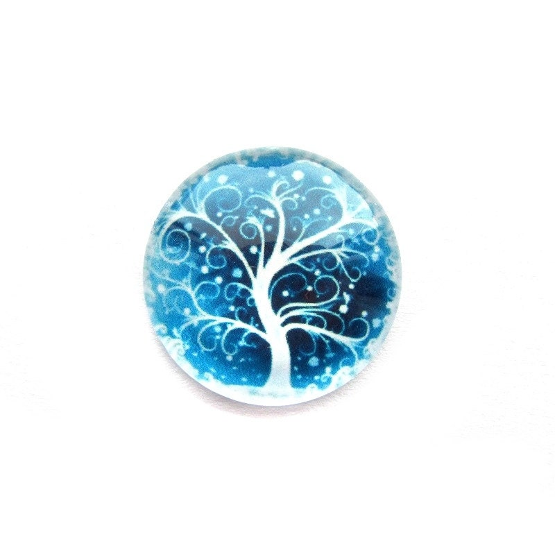 Handmade Glass Cabochon, Winter Tree, 20mm, Blue and White, Premium Quality: INANNA