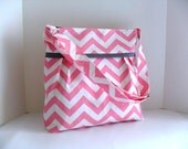Large  Bag  Made of Pink and White Chevron and Gray Fabrics - Adjustable Strap and Elastic Pockets
