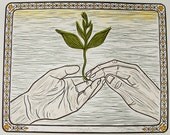 SALE - Was 50, Now 45 -- Touch - Linocut Print - plant / sprout / grow / green / nature / hands / affection / friendship / love / marriage