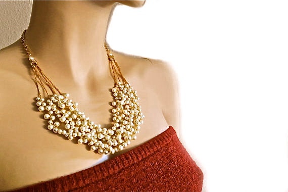 Elegant  Pearl Necklace in Gold for Brides - Bridesmaids - Mother of The Bride - Gold Glam Chunky Bib Pearl Necklace