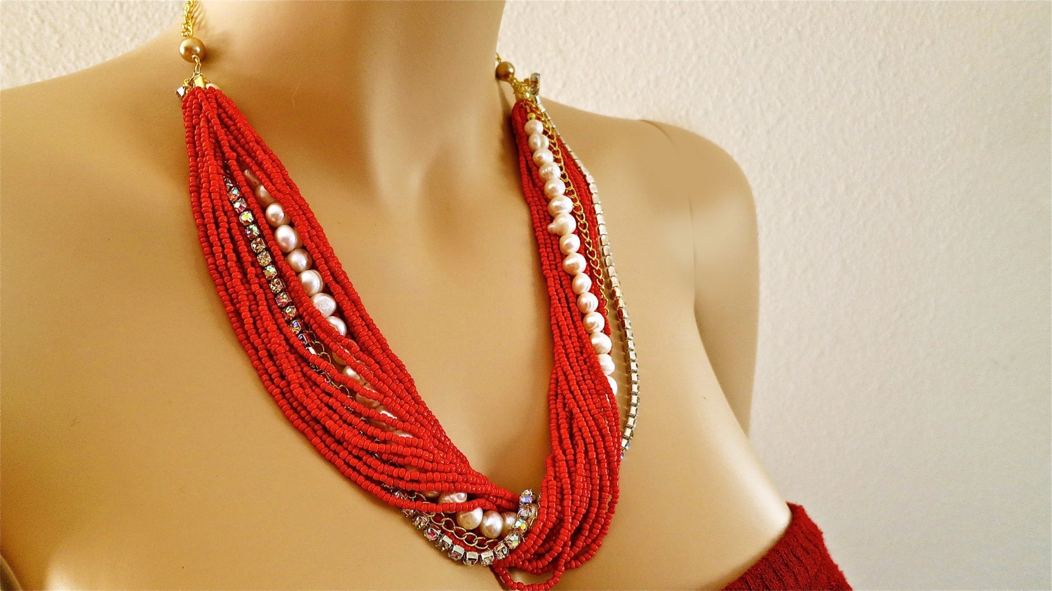 Chunky Coral Necklace with Freshwater Pearls & Rhinestone,  Twisted Layered Wedding Jewelry, Bridal Jewelry