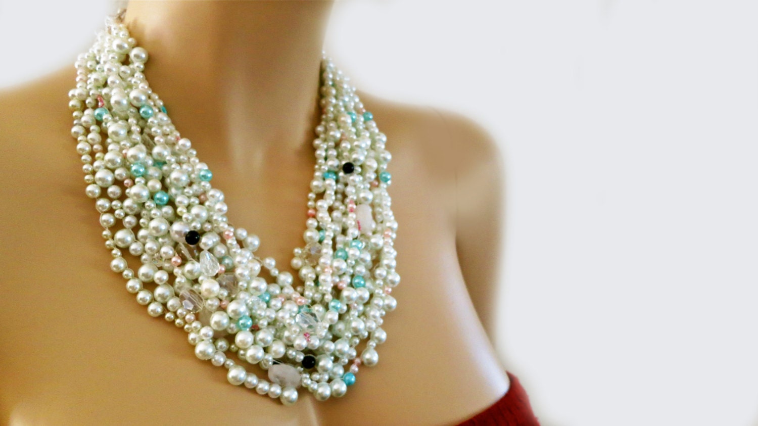 Bridal Chunky Statement Necklace with White Blue Black Pearls and Crystal Rhinestone Wedding Jewelry