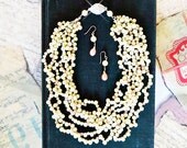 Bridal Jewelry Set, Bridal Necklace Blush Pink Drop Earrings Set, Wedding Statement Jewelry Chunky Layered Ivory Pearls Rhinestone