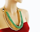 Layered Bead Necklace Chunky Amber Turquoise Pearl Rhinestone Necklace, Mothers Day Glam Gift Jewelry, Cinco de Mayo