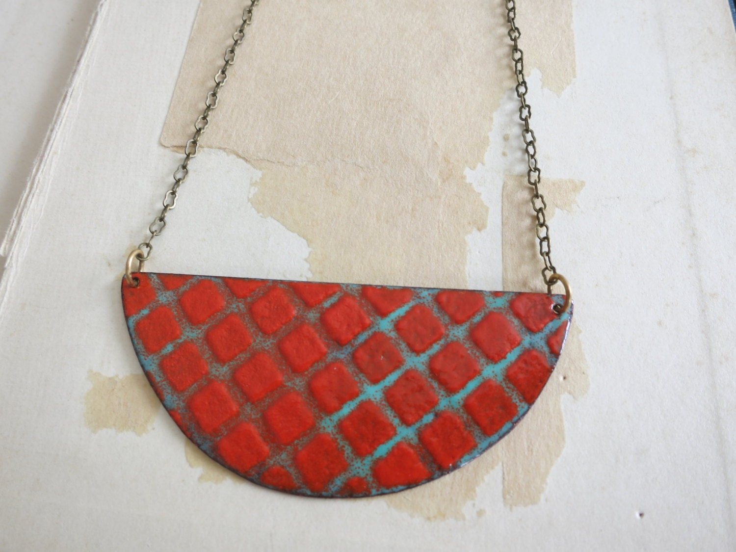Red and Turquoise Enamel Half Moon Necklace- Reversible