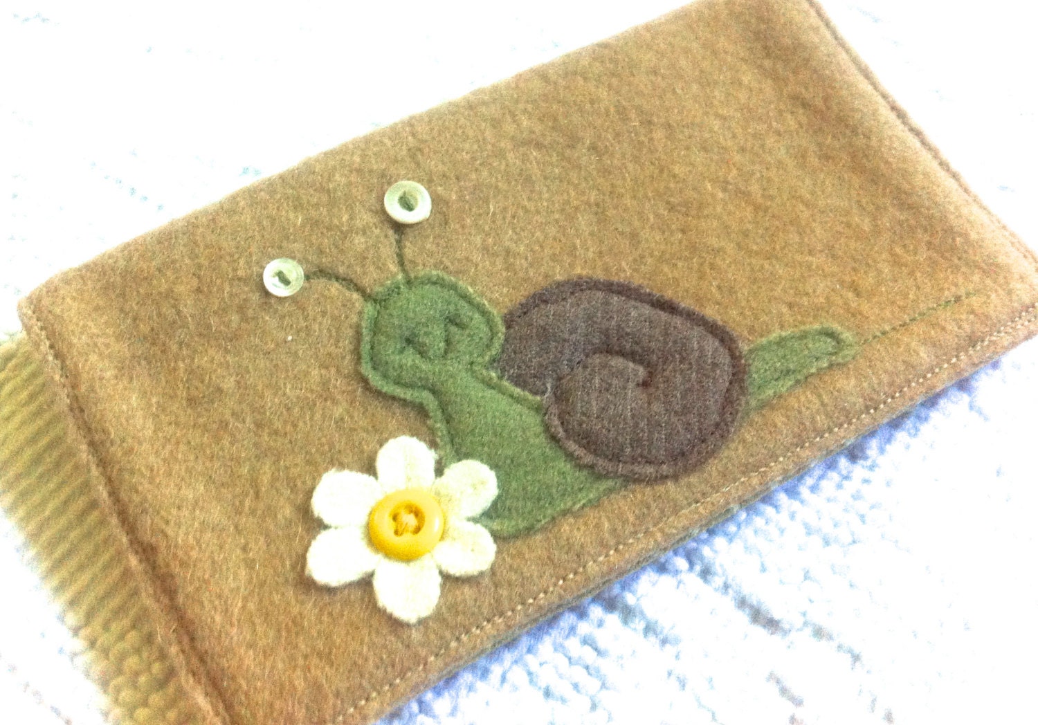 Slimy the snail Beige Checkbook Cover Repurposed Wool