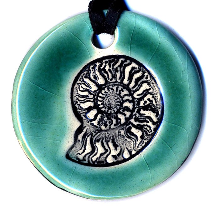 Ammonite Ceramic Necklace in Aqua Crackle