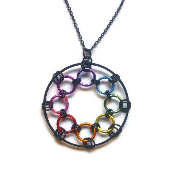 Black and Rainbow Spirograph Necklace
