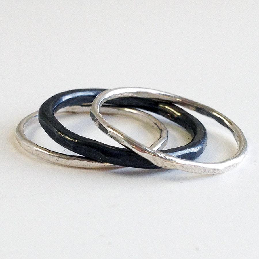 Stacking Ring Set in Sterling Silver - Contrasting Rings - Black and Silver Bands - Hammered Rustic Rings - EcoFriendly Silver - Handcrafted