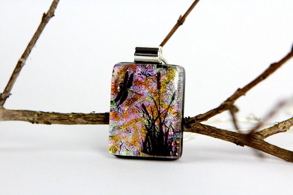 Dragonfly Dichroic Pendant- Glass Jewelry- Dragonfly Necklace- Fused Glass Jewelry- Dragonfly Necklace