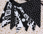 Damask & Polka Dot Flag Banner, Photo Prop Garland Bunting, Wedding Decoration. Classy Black and White Medium Sized Flags..