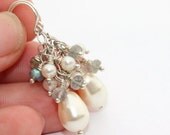 20% off sale Gemstone cluster earrings, pearl cluster earrings, blue flash labradorite, cream crystal pearl, wedding jewelry, bridal earrin