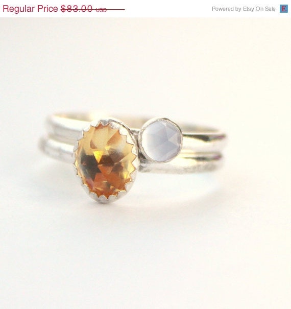 20% off sale Faceted citrine ring set,  natural chalcedony,  sterling silver stacking ring pair size 7, November birthstone