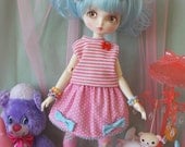 Fairy Kei Polka Dot MINI Skirt Pink with Blue Bows for Leekeworld Art body and SD Super Dollfie bjds lolita cute mikhaila