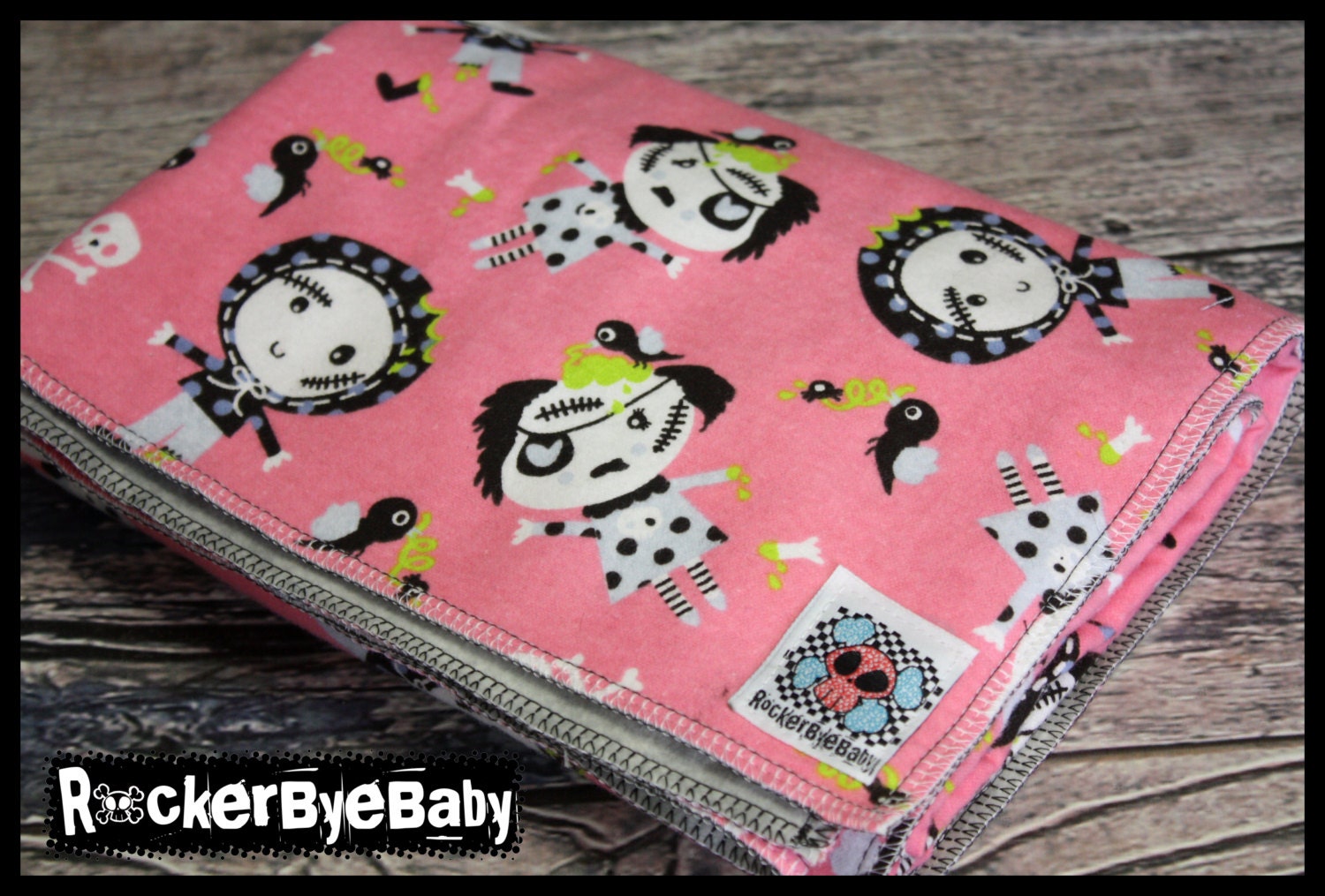 RockerByeBasics Baby or Toddler Blanket white pink Zombie Girls Brains flannel bird 36x42 receiving blanket