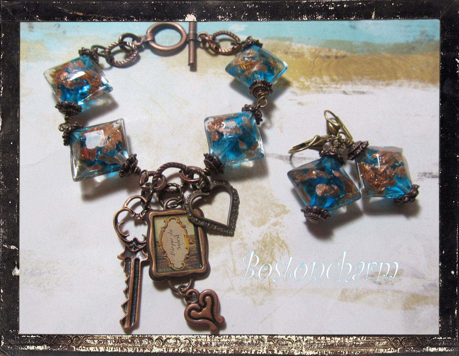 Timeless   Blue and Copper beads   key and  heart charms   Altered Art Charm Bracelet and Earrings set  ooak   ebsq