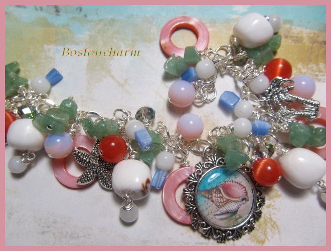 Tropical Paradise, shells, beach, seaside, Nautical,    Altered Art Charm Bracelet    OOAK EBSQ