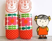 Screen printed handmade mini toy Lion plush with 70s Flower fabric by Jane Foster