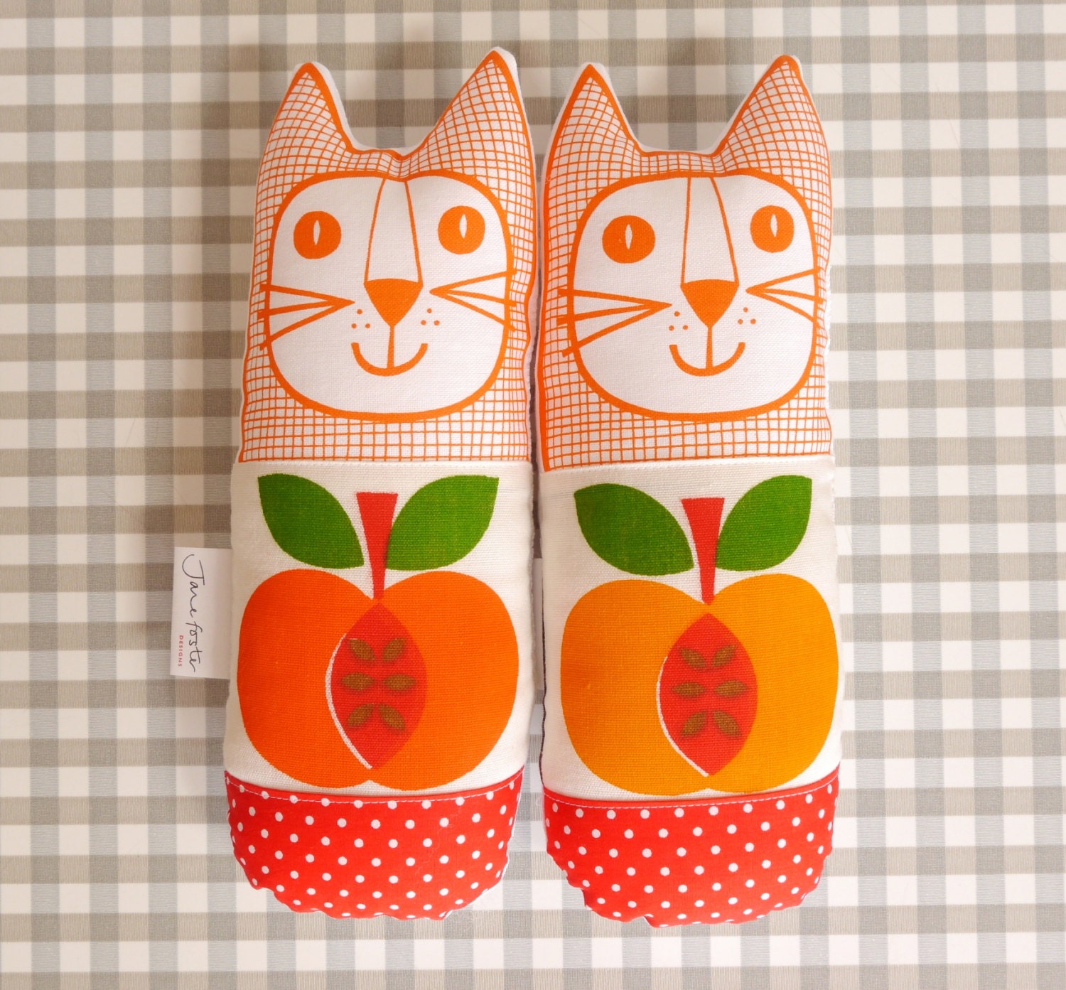 Original Scandinavian 70s fabric handmade cat toy plush softie by Jane Foster apple flower