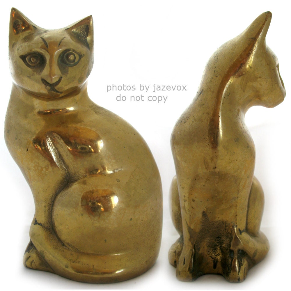 6" Vintage Old Gold Tone BRASS CAT CATS Kitty Kitten Metal Animal Pet Figures Figurine Home Decor