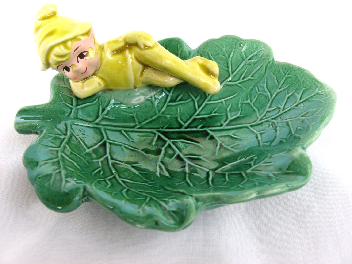 Green leaf Dish w Resting Yellow Elf, Sprite, Pixie, Leprechaun, Japan