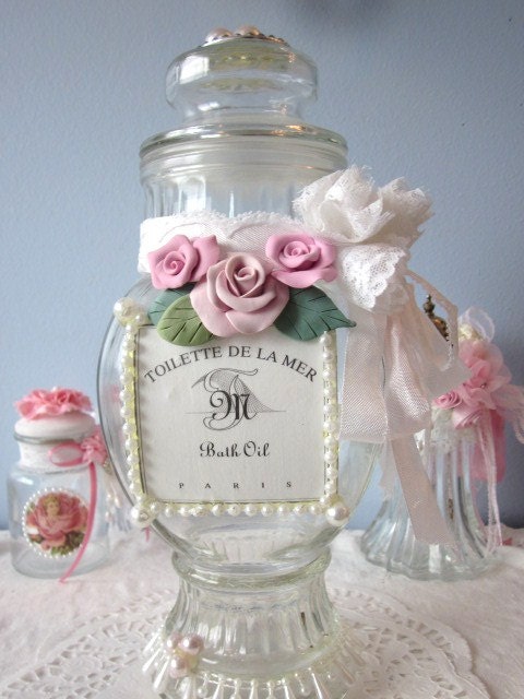 Apothecary JAR/Bottle Shabby Chic Pink White Roses Lace Ribbon ECS schteam sct SVFteam