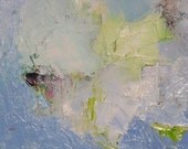 Abstract oil painting on canvas, textural, pale blue and green, white,  16 x 12 inches,  "A Year and a Day (ii)"