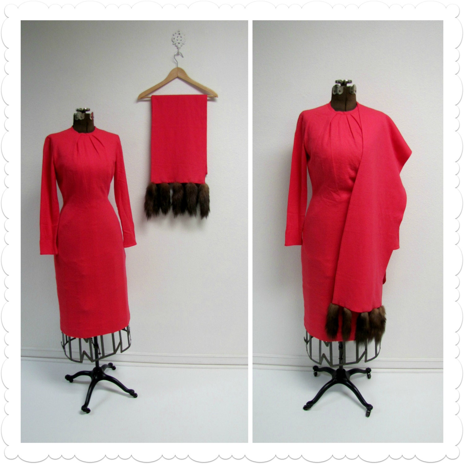 1960s Lilli Diamond Pink Dress with Mink Tail Shawl