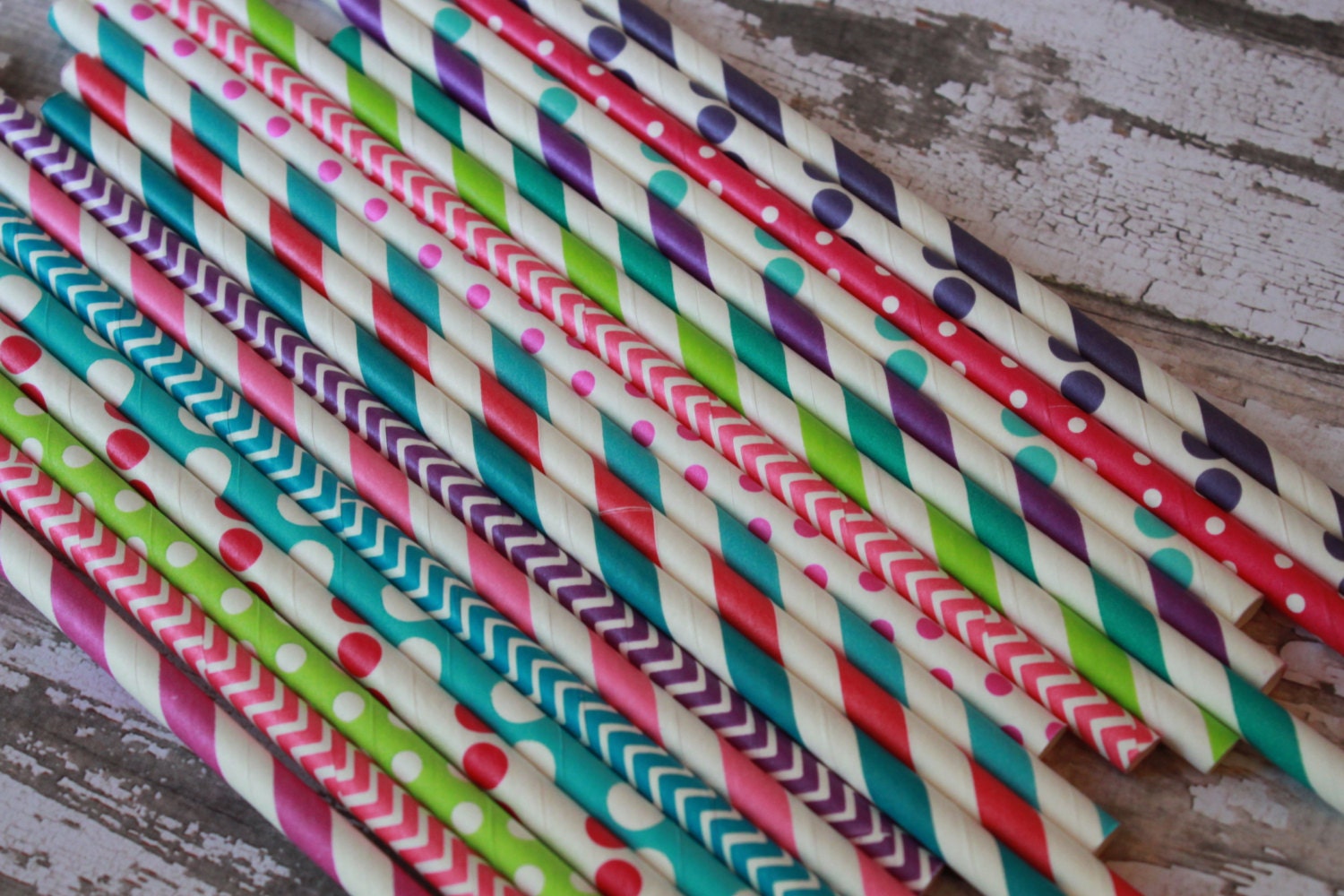 Rock Girl Party Straws -- Set of 20 paper straws -- stripes, chevron, solid, dots -- hot pink, caribbean, purple Il_570xn