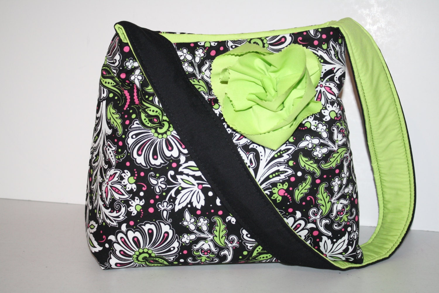 Diaper Bag Nappy Tote Book Purse Womens  Hobo MARKET BAG lots of pkts Pink Black Lime Flower / Messenger strap XcessRize Designs