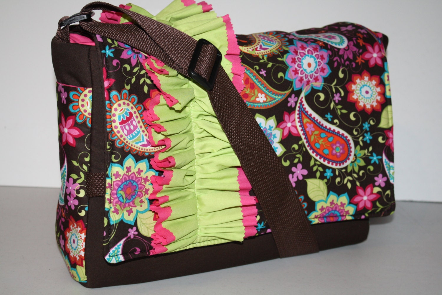 MESSENGER BAG Laptop Bag Diaper Bag Book Tote Purse    Cocoa Paisley Frilly Ruffle  XcessRize Designs