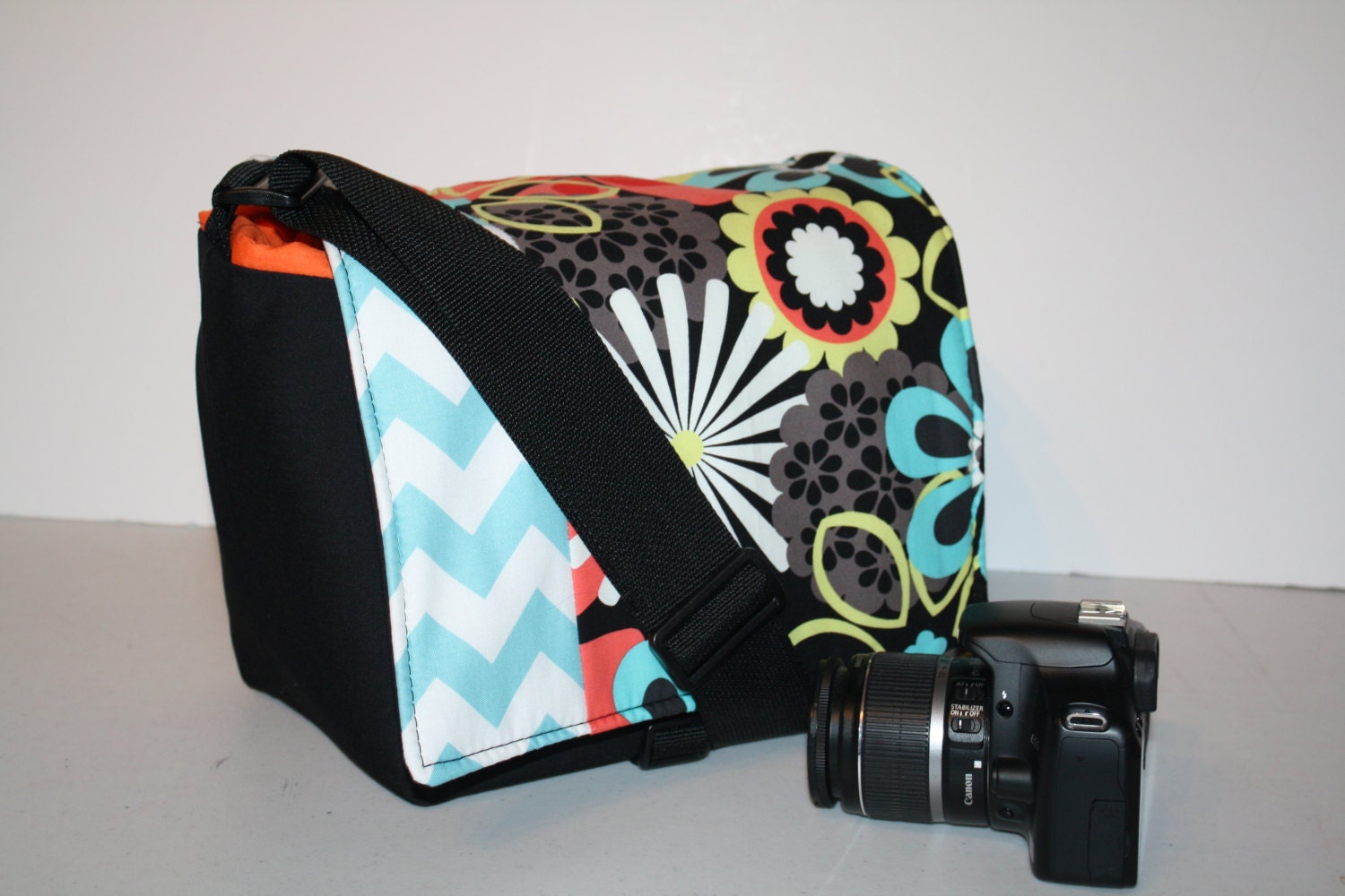 Digital Slr CAMERA Bag - Dslr camera Bag - Womens - 5 Lens or 2 Camera bodies - Lots of Pkts - Clementine Flower Shower Aqua chevron