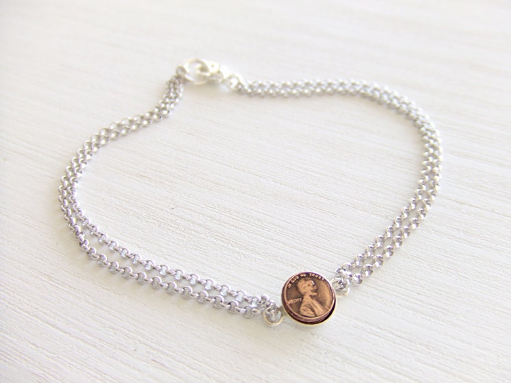 Abraham Lincoln Penny Jewelry Bracelet in Sterling Silver, Real Tiny Coin, Brass Copper, Simple Everyday Wearable Jewelry, Gift for Her