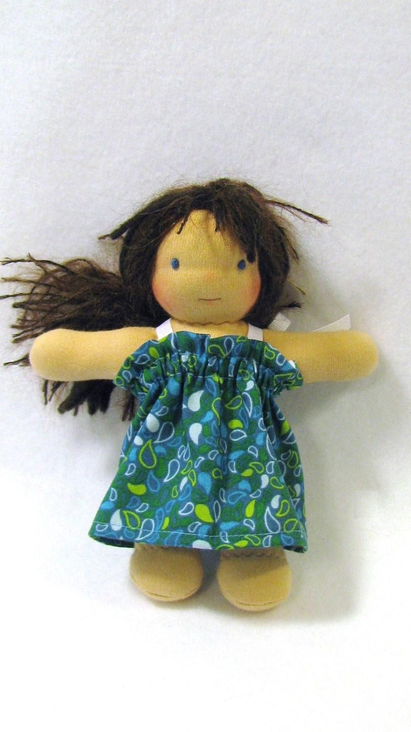 7 - 8 inch Waldorf doll's dress in blue and green print