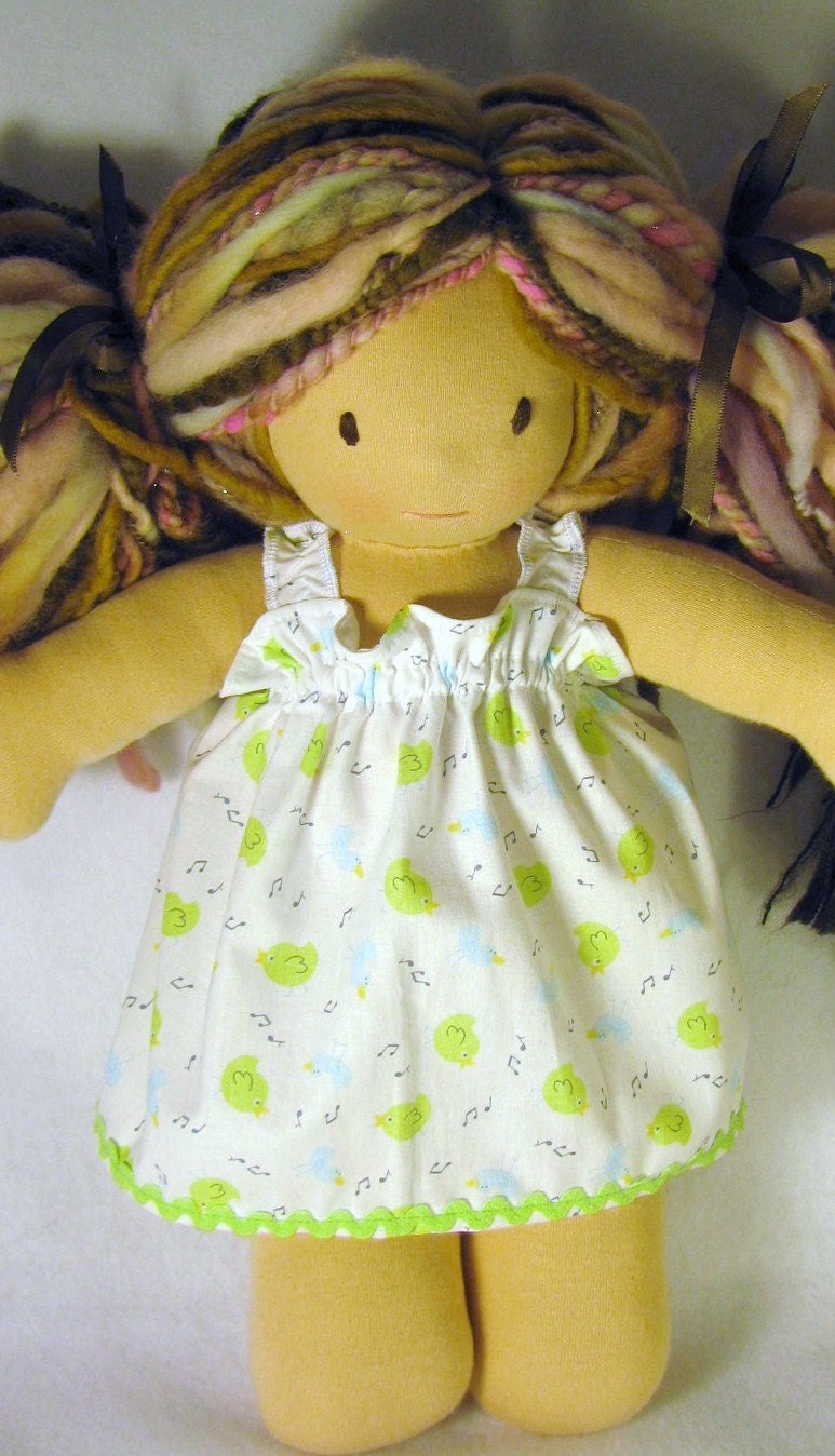 14 -16 inch Waldorf doll dress in happy birds print