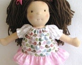 10 inch Waldorf style doll peasant dress in birds print with pink butterfly ruffle