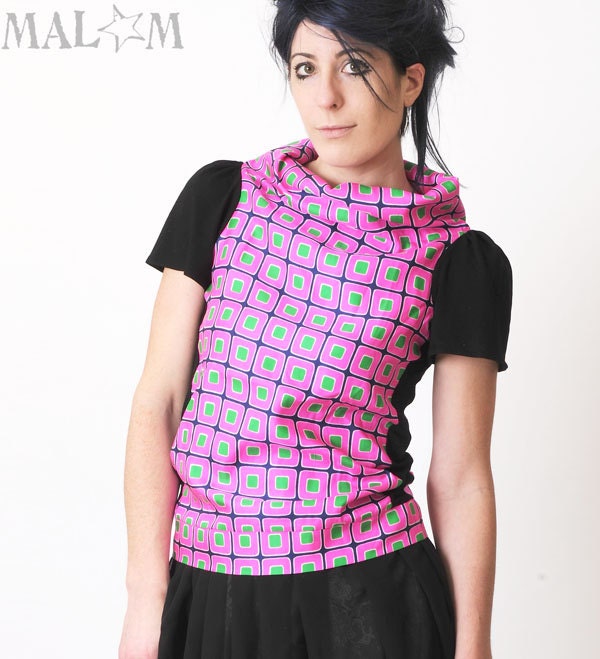 Silk pink Top - Vintage silk and black jersey - squares - sz M or your size
