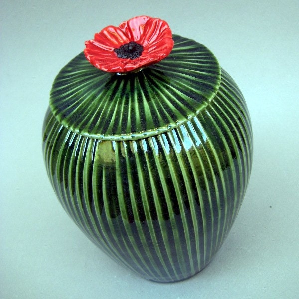 Red Poppy Carved Green Jar - Large - Hand Sculpted wheel thrown stoneware and porcelain pottery