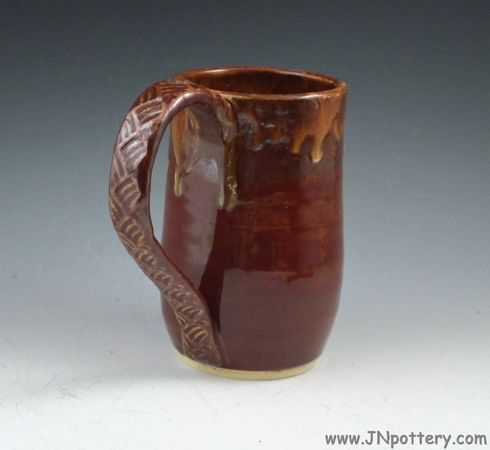 Stoneware Stein, Large Coffee Mug, Ceramic Drinking Vessel, Brick Red with Caramel Drip Rim  m177