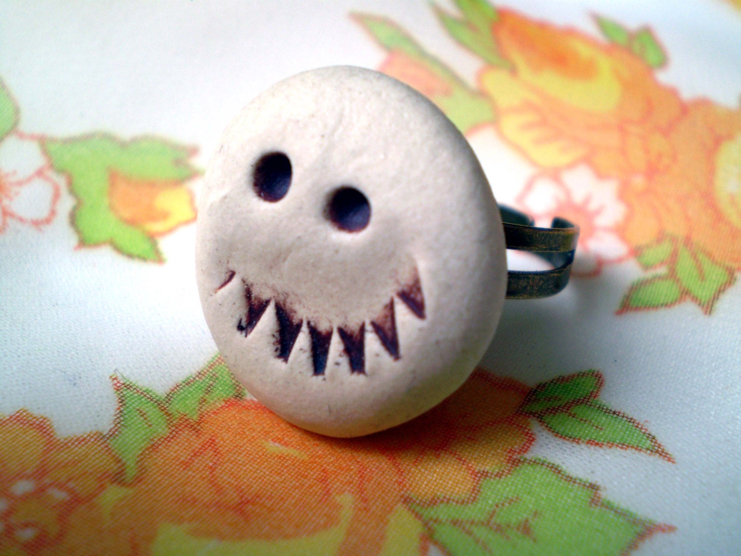 Smiley Face Mood Ring, Porcelain Clay, Adjustable, OOAK Handmade Geekery Gift