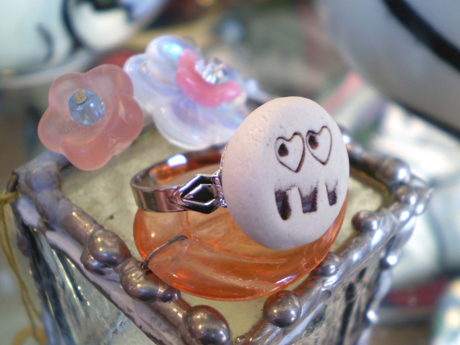 Smiley Face Mood Ring, Porcelain Clay, Adjustable, OOAK Handmade Geekery Gift