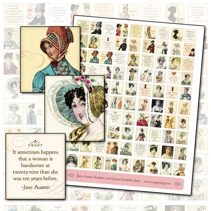 Jane Austen Quotes and Regency Fashion Digital Collage Scrabble Sheet .75 x .83 in 19mm x 21mm pink yellow sepia pale blue fashion costume