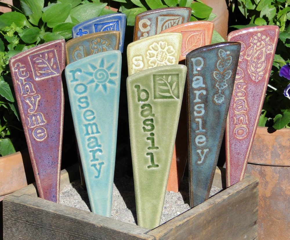 Herb Garden Markers / Plant Stakes - A Set of 3 ceramic garden markers