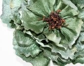 Large Shimmery Velvet Peony in Olive and Light Pine Green with Periwinkle - Artificial Flowers