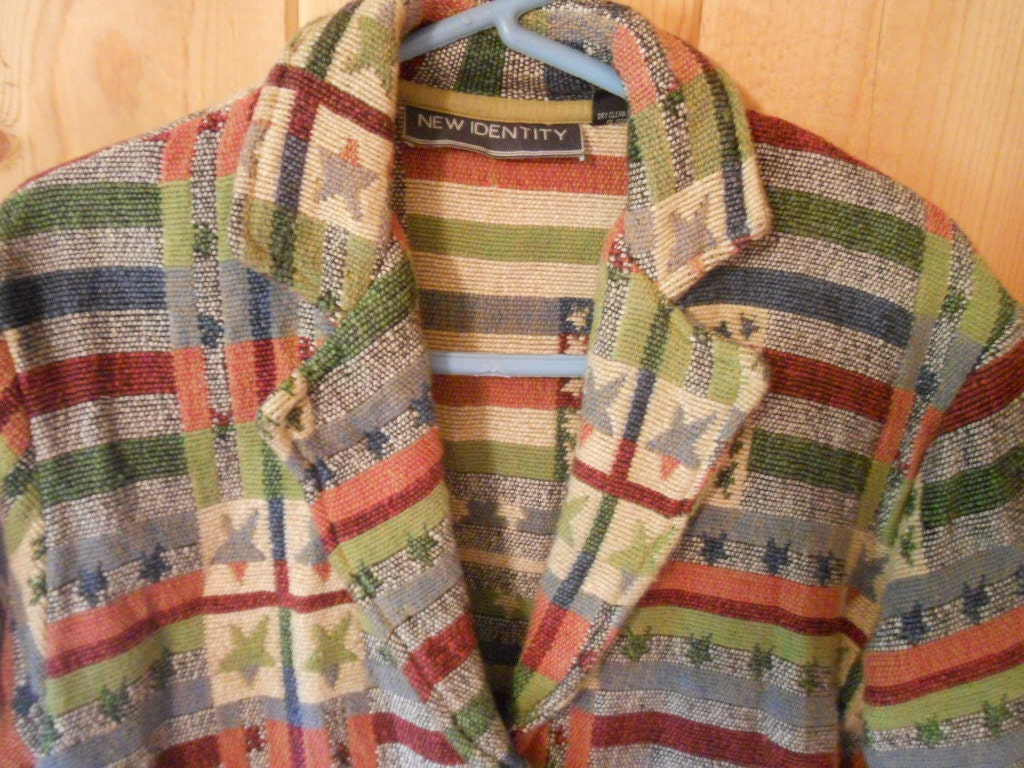 Jacket Coat Tweed Vintage Size 12 Medium Patriotic Americana Stars Stripes Country Rustic Primitive Cranberry Hunter Green Blue