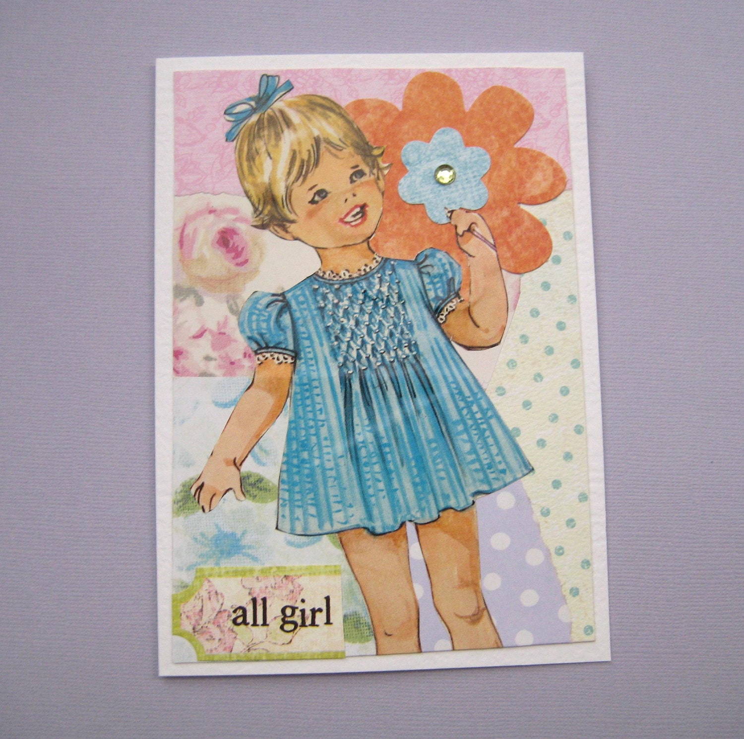 ALL GIRL Greeting Card using Retro 1960s vintage Girl Collage paper quilt - Sweet Birthday Friendship Valentines Day