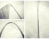 St. Louis Gateway Arch - set of three 8x12 fine art photograph prints (black and white architecture wall art with gray metal and cloudy sky)